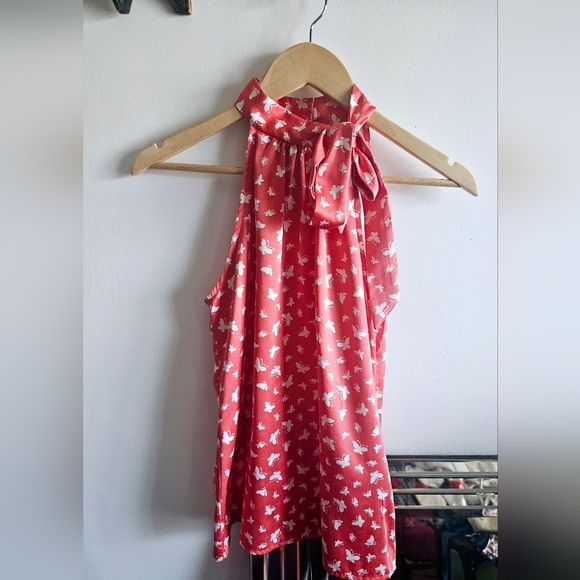 Iz Byer Tops - Rose pink white butterfly printed palette tip tie bow sleeveless shirt women's S